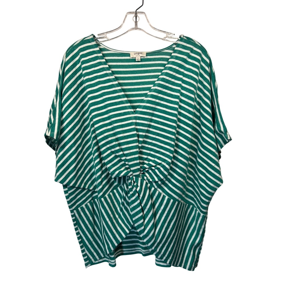Umgee Green Striped Knot Front‎ Top Dolman Short Sleeve Blouse Size L